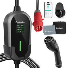 Coolladen 11kW bærbart elbil-ladekabel Type 2 (16A 3-faset) med appstyring – tidsindstillet opladning, justerbar strøm, Type B RCD, vægbeslag og bæretaske medfølger
