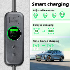 Coolladen 3.5kW Bærbar EV-oplader | 16A Schuko til Type 2 mobil wallbox | Justerbar strøm | Præcis 1-12H tidsindstillet opladning & forsinkelse