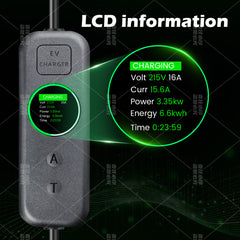 Coolladen 3.5kW Bærbar EV-oplader | 16A Schuko til Type 2 mobil wallbox | Justerbar strøm | Præcis 1-12H tidsindstillet opladning & forsinkelse