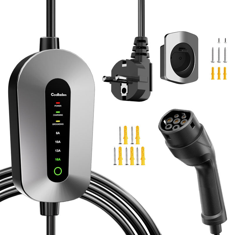 Coolladen Mobile Wallbox Type 2 ladekabel Schuko 3.5kW [1-phase, 4-11m, 6-16A], med 2-pins Schuko stik, bærbar elbiloplader til elektriske køretøjer og PHEV'er