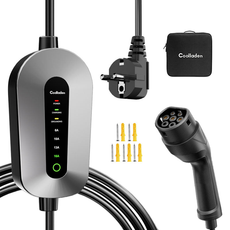 Coolladen Mobile Wallbox Type 2 ladekabel Schuko 3.5kW [1-phase, 4-11m, 6-16A], med 2-pins Schuko stik, bærbar elbiloplader til elektriske køretøjer og PHEV'er