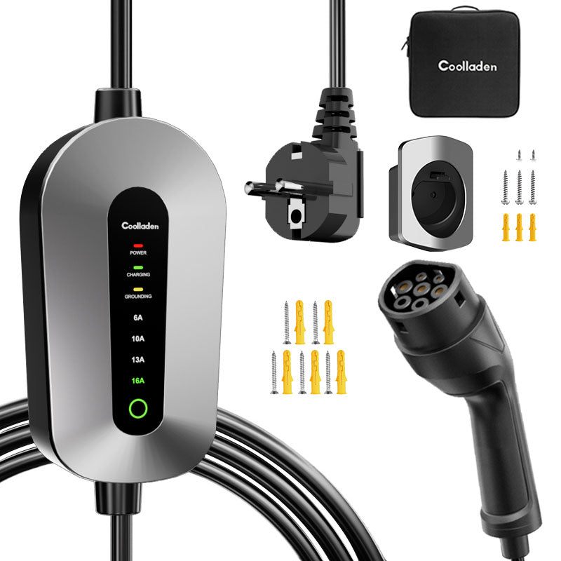 Coolladen Mobile Wallbox Type 2 ladekabel Schuko 3.5kW [1-phase, 4-11m, 6-16A], med 2-pins Schuko stik, bærbar elbiloplader til elektriske køretøjer og PHEV'er
