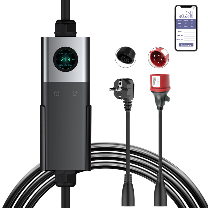 Coolladen Coolladen Mobile Wallbox WiFi Med APP, Oplader op til 11kW, EV Charger Type 2, 5M Kabel, Touchscreen Display, Justerbar Strøm Størrelse Med Schuko 16A/CEE 16A Rød