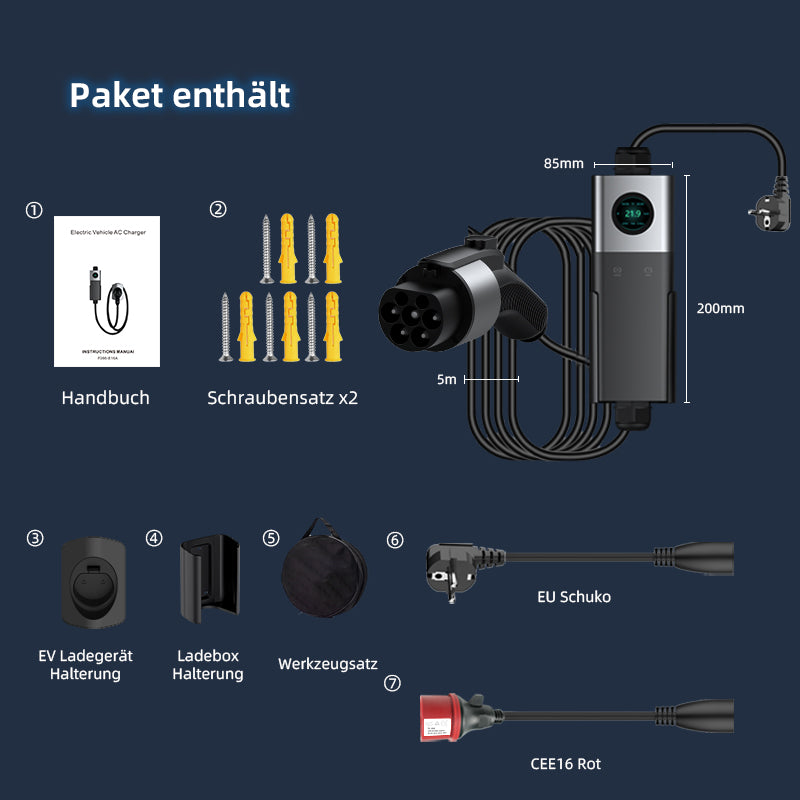 Coolladen Coolladen Mobile Wallbox WiFi Med APP, Oplader op til 11kW, EV Charger Type 2, 5M Kabel, Touchscreen Display, Justerbar Strøm Størrelse Med Schuko 16A/CEE 16A Rød