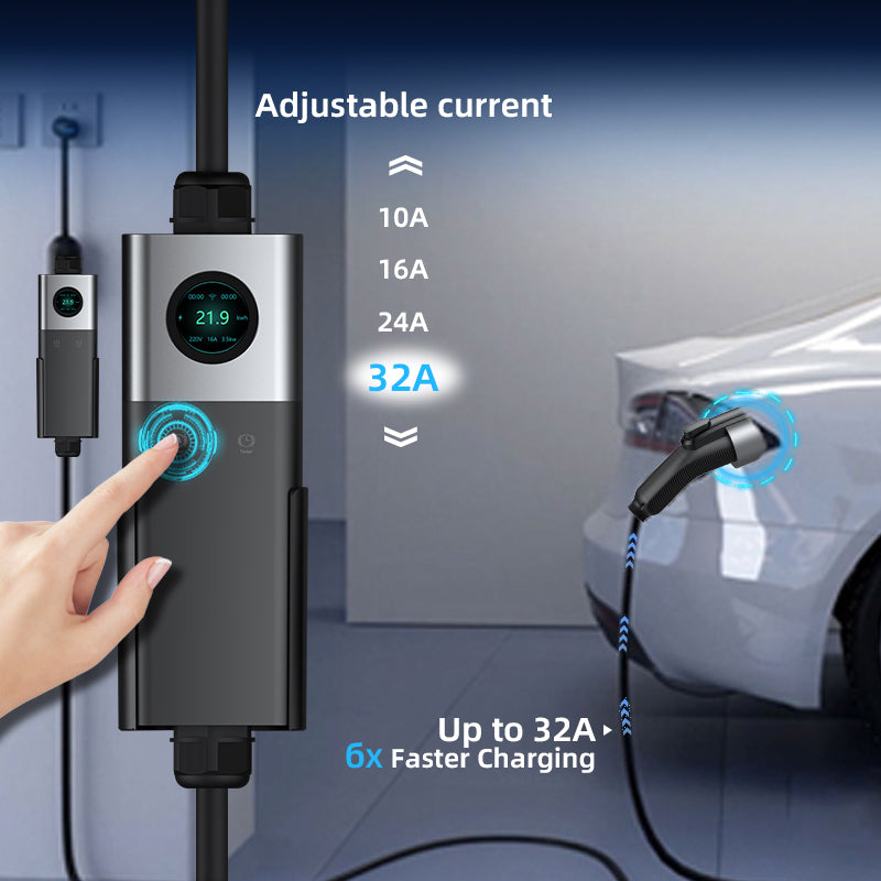 Coolladen Coolladen Mobile Wallbox WiFi Med APP, Oplader op til 11kW, EV Charger Type 2, 5M Kabel, Touchscreen Display, Justerbar Strøm Størrelse Med Schuko 16A/CEE 16A Rød