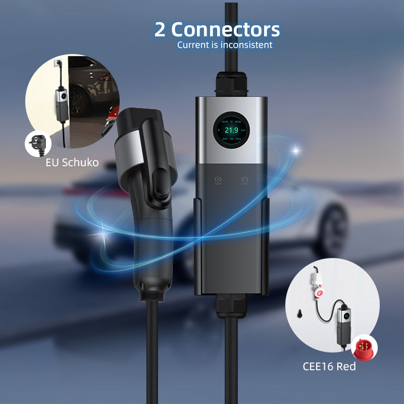 Coolladen Coolladen Mobile Wallbox WiFi Med APP, Oplader op til 11kW, EV Charger Type 2, 5M Kabel, Touchscreen Display, Justerbar Strøm Størrelse Med Schuko 16A/CEE 16A Rød