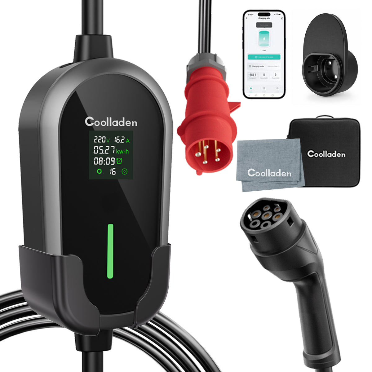 Coolladen 11kW bærbart elbil-ladekabel Type 2 (16A 3-faset) med appstyring – tidsindstillet opladning, justerbar strøm, Type B RCD, vægbeslag og bæretaske medfølger