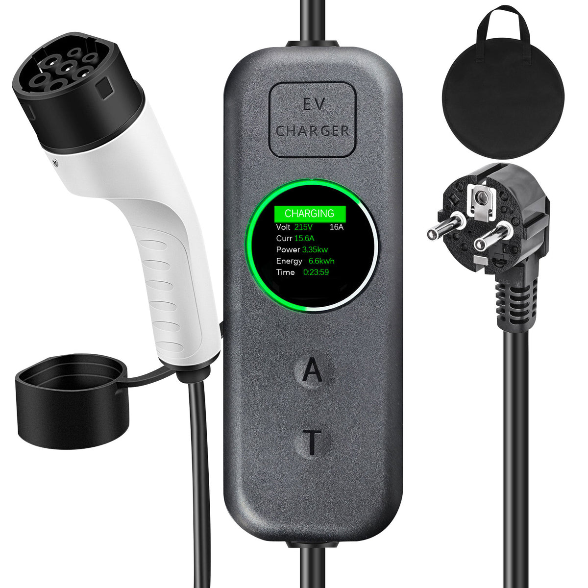Coolladen 3.5kW Bærbar EV-oplader | 16A Schuko til Type 2 mobil wallbox | Justerbar strøm | Præcis 1-12H tidsindstillet opladning & forsinkelse