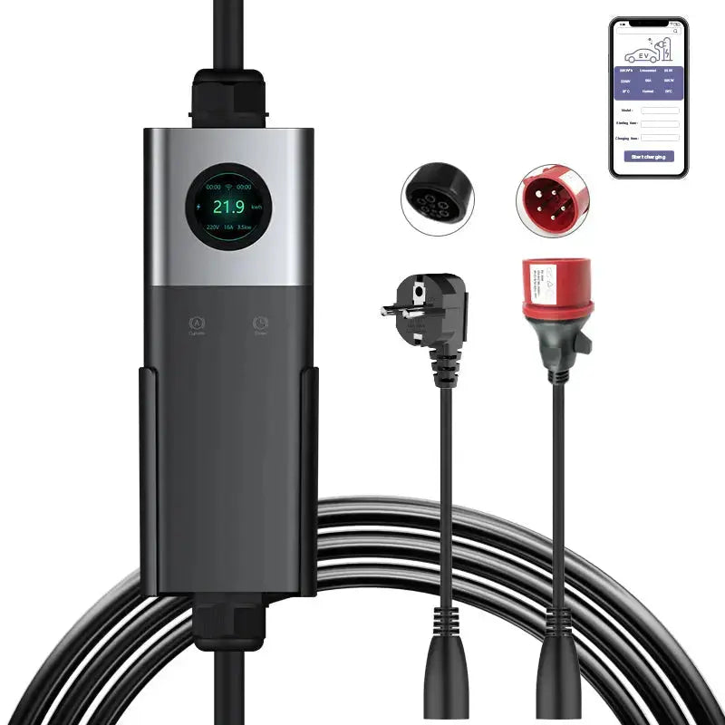 Coolladen Mobil Wallbox WiFi med APP, opladning op til 22kW, elbiloplader type 2, 5M kabel, touchscreen display, justerbar strømstørrelse med Schuko 16A/CEE 32A rød/CEE 16A rød/CEE 32A blå/Type 2 stik
