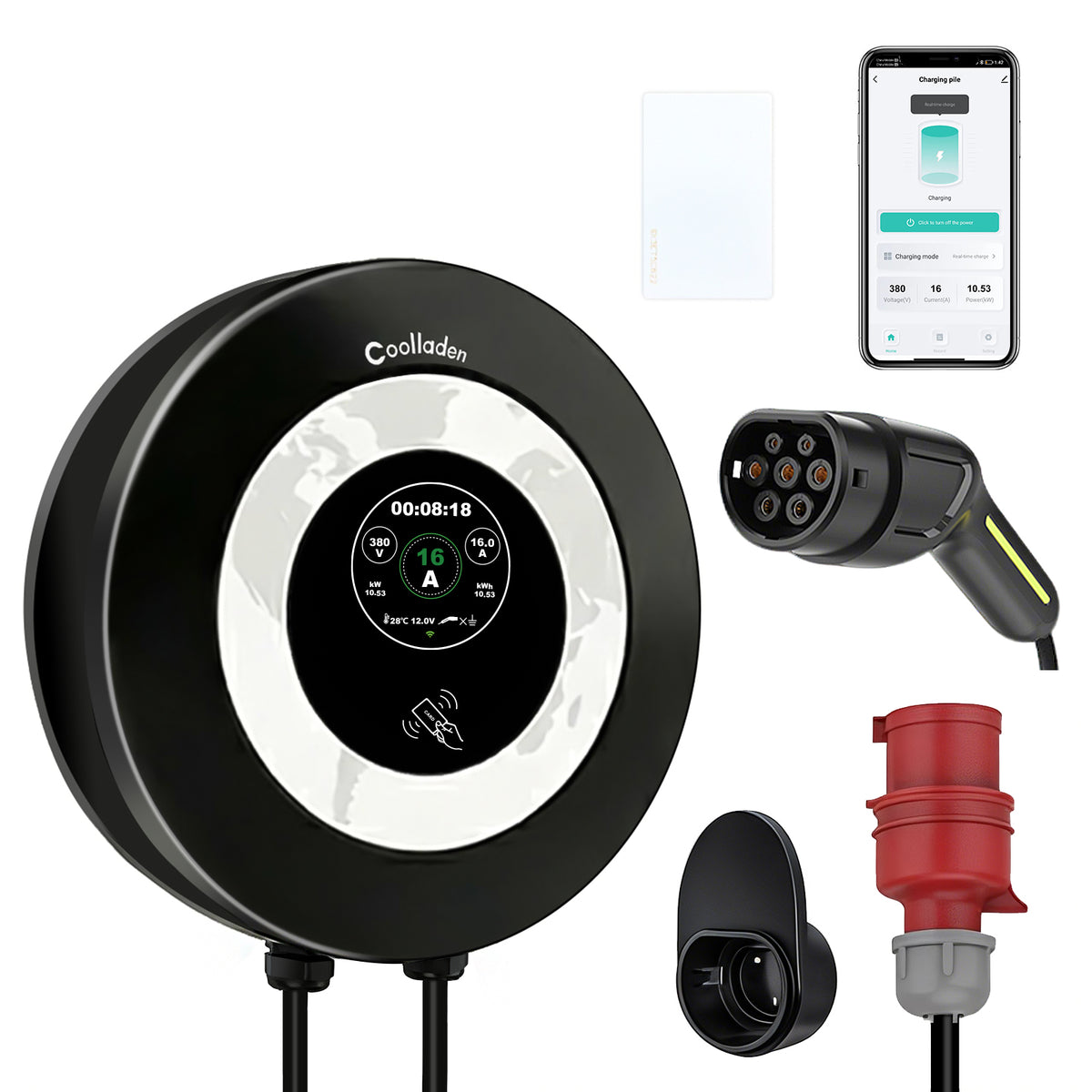 Coolladen Wallbox 11 kW med appstyring og RFID, Type 2 til CEE 16A 3-faset EV-lader, avanceret AC+DC fejlstrømsbeskyttelse (RCD Type B)