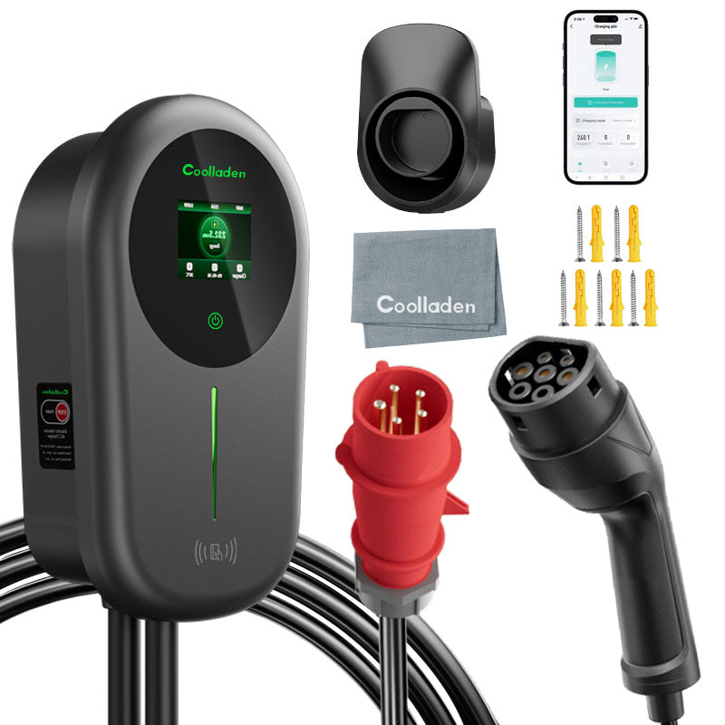 Coolladen EV oplader Smart APP med 32A Type 2 22kW Home Opladningsstation, Wallbox 5/10m opladningskabel med opladningsholder App Control CEE 3-fase stik til alle EV'er og PHEV'er