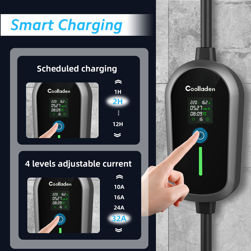 Colladen 7KW Bærbar EV oplader 1 fase 32A type 2 elektrisk køretøj oplader, 8H opladning, 4 Niveauer Justerbar Nuværende opladningsstation med CEE-stik