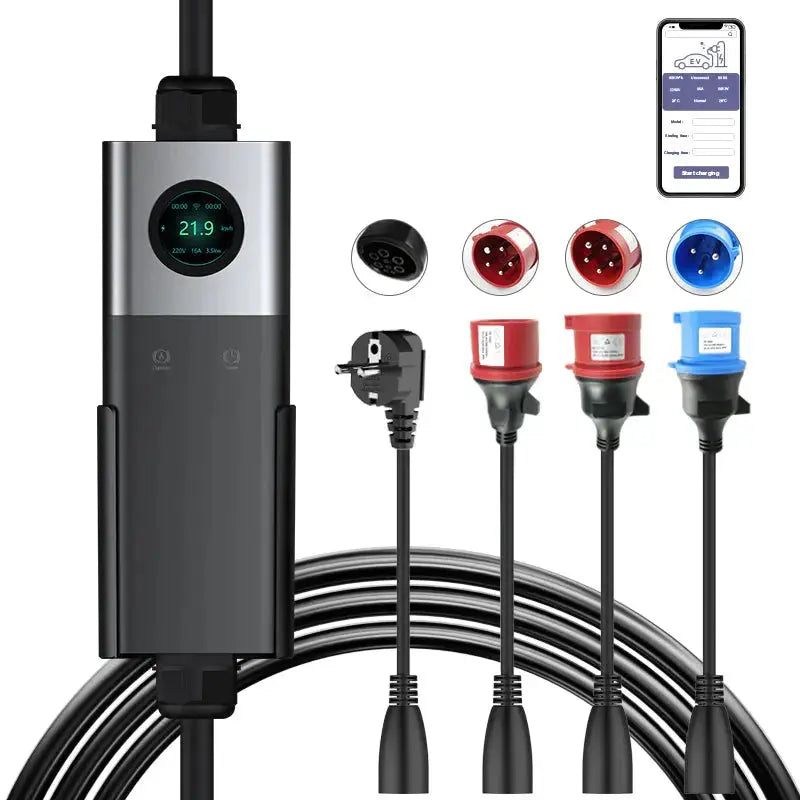 Coolladen Mobil Wallbox WiFi Med APP, Opladning Op Til 11kW, EV Oplader Type 2, 5M Kabel, Touchscreen Skærm, Justerbar Strømstørrelse Med Schuko 16A/CEE 16A Rød