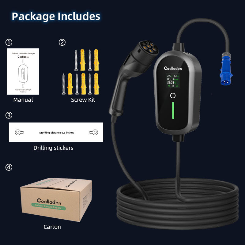 Colladen 7KW Bærbar EV oplader 1 fase 32A type 2 elektrisk køretøj oplader, 8H opladning, 4 Niveauer Justerbar Nuværende opladningsstation med CEE-stik