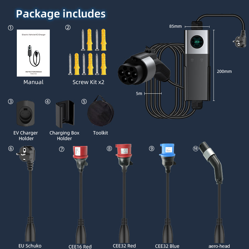 Coolladen Mobile Wallbox WiFi med APP, oplader op til 22kW, EV oplader type 2, 5M kabel, touchscreen display, justerbar strømstørrelse med Schuko 16A/CEE 32A rød/CEE 16A rød/CEE 32A blå/Type 2 stik