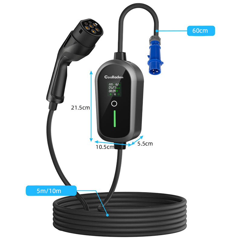 Colladen 7KW Bærbar EV oplader 1 fase 32A type 2 elektrisk køretøj oplader, 8H opladning, 4 Niveauer Justerbar Nuværende opladningsstation med CEE-stik