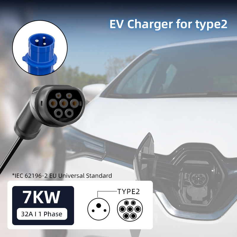 Colladen 7KW Bærbar EV oplader 1 fase 32A type 2 elektrisk køretøj oplader, 8H opladning, 4 Niveauer Justerbar Nuværende opladningsstation med CEE-stik