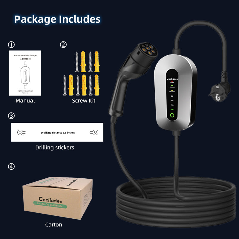 Coolladen Type 2 ladekabel Schuko 3,5 kW [1-faset, 6m, 6-16A], med 2-benet Schuko stik, bærbar elbiloplader til elbiler og PHEV'er