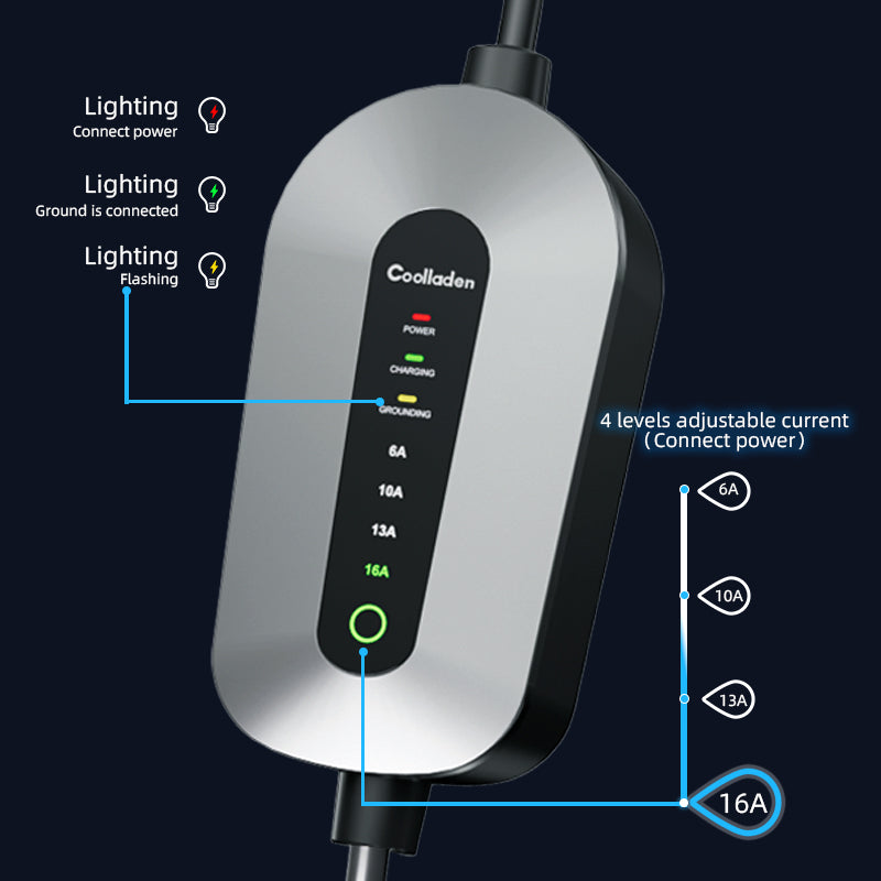 Coolladen Type 2 ladekabel Schuko 3,5 kW [1-faset, 6m, 6-16A], med 2-benet Schuko stik, bærbar elbiloplader til elbiler og PHEV'er